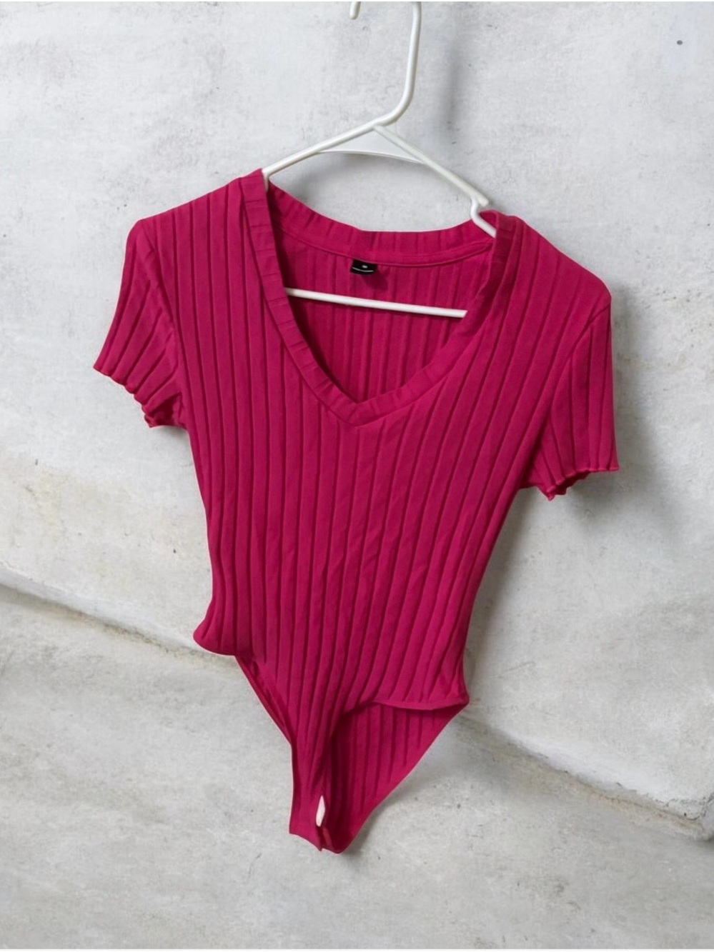 Ribbed V-Neck Bodysuit - Fuchsia